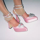 KYLETHOMASW  -  Pointed Toe Loveshape Rhinestone Ankle Straps Buckle Waterproof Platform Chunky Heel Super High Heel Catwalk Sandals