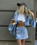 KYLTHOMASW  -  2024 Summer Blue Bow Lace Up Women Loose Shirt Sets Flare Sleeve V Neck Female Crop Top A Line Short Mini Skirt Suits