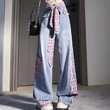 KYLETHOMASW  -  Retro black bow strap checkered patchwork jeans for women's autumn and winter design, niche loose wide leg pants