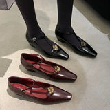 KYLETHOMASW  -  New Retro Women's Mary Jane Leather Buckle Thick Heel Square Toe Women's Metal Flower Women's Shoes 34-40