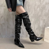 KYLETHOMASW  -  Vintage Winter Pleated Women Over The Knee High Boots Fashion Slip On Long Booties Autumn Thick Heel Ladies Shoes