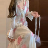 KYLETHOMASW  -  Elegant Floral Print Skirt Set Spring Ruffle V-Neck Lace-up Blouse+A-Line Midi Skirt Women Casual Holiday Two Piece Outfit 273A