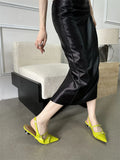 KYLETHOMASW  -  Rivet Metal Belt Buckle Design Low Heel Sandals Women Sexy Pointed Toe Patent Leather Slingbacks Round Heel Women Pumps Mules