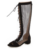 KYLETHOMASW  -  2025 Women Sandals Block Heels 3cm Zipper Lace Up Flock Suede Breathable Mesh 41 42 43 Fashion Summer Knee High Bota