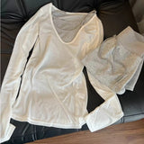 KYLETHOMASW  -  Korean Women Autumn 3Pcs Home Loungewear Contrast Color Mock Layer Design V Neck Long Sleeve Casual Ladies Sleepwear Outfit