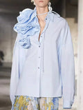 Kylethomasw Fashion Women's Shirt Lapel Long Sleeves Single Breasted Three-dimensional Flower Solid Color Blouse Autumn New 3WQ505