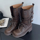 KYLETHOMASW  -  Retro Round Toe Lace-up Mid-calf Boots Women Fashion Belt Buckle Thick Bottom Platform Boots Comfort Non-slip Outdoor Biker Boot