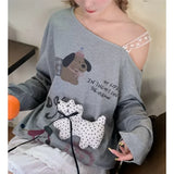 Kylethomasw Vintage Cartoon Print Loose Casual Long Sleeve T-shirt Women 2024 Autumn New High Street Contrast Color Lace Patchwork Sexy Tops