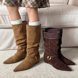 KYLETHOMASW  -  Mid Calf Women Boots Pointed Toe Flats Shoes Designer Chelsea Boots Winter 2025 Casual Walking Suede Zapatos Goth Mujer Botas