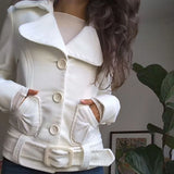 KYLETHOMASW  -  Women Y2K Vintage White Short Jacket Wide Lapel Single Breasted With Waist Belt Slim Fit Retro Casual Women Outerwear Fashion