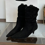KYLETHOMASW  -  High Quality Faux Suede Kitten Heel Ankle Boots Women Fashion Pointed Toe Sewing Pleated Designer Boots Comfortable Modern Boots
