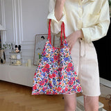 KIylethomasw Korean Style Summer Large Capacity Hand Shoulder Bag Drawstring Shopping Bag Floral Tote Bag Underarm Bag