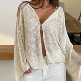 KYLETHOMASW  -  Women Loose Fit Cardigans Smocked Tops Y2k Front Hook Button V Neck Knitted Sweater Autumn Long Sleeve Knitwear Streetwear