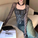 Kylethomasw Square Neck Contrast Color Plaid Casual Long-sleeved T-shirt Women Autumn New Korean Lace Up Pleated Sexy Slim Crop Tops