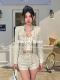 KYLETHOMASW  -  Autumn Korean Elegant Slim Outfits 2 Piece Set Women Y2k Office Lady Long Sleeve Short Coat + Sexy Bodycon Higt Waist Shorts New