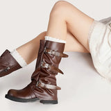 KYLETHOMASW  -  Vintage Soft Leather Belt Strap Buckle Mid-Calf Women Motorcycle Boots Fashion Thick High heels Autumn Winter Knight Booties