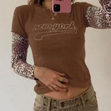 KYLETHOMASW  -  style leopard print patchwork long sleeved top with round neck and letter print for slimming effect, two fake T-shirts for women