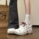 KYLETHOMASW  -  Women Contrast Double Laces Dad Sneakers Retro Hiking‑style Chunky Platform Shoes Pu Leather Lace‑up Casual Sneakers