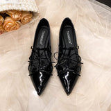 KYLETHOMASW  -  sexy T-strap flats women double bowtie ankle strap party shoes woman pointed toe cutout mary janes japanned leather loafers