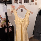 KYLETHOMASW  -  French Style Knit Cami Dress with Lace V-Neck Bow Detail Bodycon Mini Dress