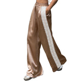 KYLETHOMASW  -  Women Satin Silk Lace Trim Pants Y2k High Street Elastic Waist Wide Leg Pj Lounge Boxer Bottoms Trendy Causal Trousers
