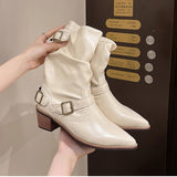 KYLETHOMASW  -  Autumn Winter Women Western Cowboy Boots Vintage Slip On Thick Heel Shoes Ladies Mid Calf Botas Zapatos De Mujer