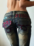 KYLETHOMASW  -  American Spice Girl Subculture Old Micro-pull Jeans Children Retro Design Sense Heavy Industry Embroidery Low-rise Floor Pants
