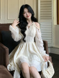 KYLETHOMASW  -  Women's Chic Irregular Ruffles Shell Decoration Mini Dress Autumn Winter Long Sleeve Off Shoulder Fairy Evening Sequin Vestidos