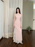 KYLETHOMASW  -  New Chinese Style Stand Collar Cheongsam Lace Pink Dress Slim Waist Long Skirt