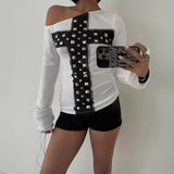 KYLETHOMASW  -  Cross Rivet Slim Long Sleeve Top Female New Europe Sexy Spice Girls T-shirt Off Shoulder Personalized Streetwear Shirts