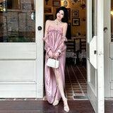 KYLETHOMASW  -  Ruched Design Wrap Chest Maxi Dresses Loose Fit Long Trailing Bud Skirt French Romantic Style Elegant Fashion Vestidos