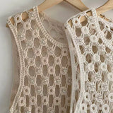 KYLETHOMASW  -  Minimalist Style Women's Cotton Crochet Knit Vest Hollow Out Embellished Sleeveless Casual Summer Loose Top