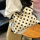KYLETHOMASW  -  Vintage Black Polka Dot Canvas Tote Bag Leather Handle Drawstring Side Design Large Capacity Daily Shopping Shoulder Handbag