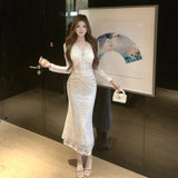 KYLETHOMASW  -  French High-End Lace V-Neck Evening Gown Slim Waist Fish-Tail Base Layer 2026 Spring New Arrival Women's Fashion Elegant Dress