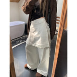 Kylethomasw Vintage High Waist Lace-up Solid Color Wide Leg Pants Women Autumn New Fake Two-piece Lace Stitching Loose Casual Pants