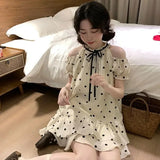 KYLTHOMASW  -   Sweet and Cute Girl's Polka Dot Off Shoulder Princess Doll Dress Summer New Chic Bubble Sleeve Loose A-line Midi Dress for Women