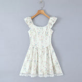KYLETHOMASW  -  Sexy Floral Print Spliced Lace V neck Ruffles Strap Tank Dress Women Wood ears Low Waist Short Dresses Swing A-lined Robe