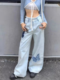 Kylethomasw Blue Jeans Plus Size Women Y2k Fashion Loose Butterfly Patchwork Causal High Waist Denim Pants Streetwear Retro Bottoms