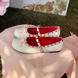 KYLETHOMASW  -  Genuine Leather French Studded Ballet Flats for Women, Summer, Single Strap, Shallow Low Heel Mary Jane