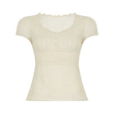 KYLETHOMASW  -  Sexy T Shirts Women Lace Patchwork Short Sleeve Slim Fashion Elegant French Style Chic Tops Ladies Tee Shirt Casual