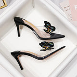 Kylethomasw Summer 2024 New Sandals Women's Sheer High Heels Butterfly Rhinestones Stiletto Heel Slippers