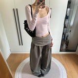 KYLETHOMASW  -  Summer New Belt Pleated Floor Mopping Straight Solid Color Trousers