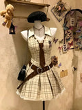 KYLETHOMASW  -  Sweet Vintage Lolita Plaid Mini Dress Women Bowknot Heart Button Lace Trim High Waist Pleated Skirt Kawaii Japanese Daily Outfit