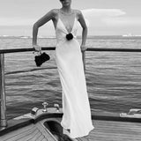 KYLETHOMASW  -  3D Flower Decro V Neck Low Cut Dress Elegant Sexy Backless Spaghetti Strap Long Dress Chic Women Club Party Holiday Vestidos