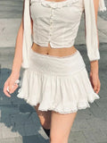 KYLTHOMASW  -  White Lace Trim Sweet Mini Skirts Summer Chic Folds Texture High Waist A-line Short Faldas Women Vintage Cute Balletcore Skirt