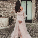 Kylethomasw Eeqasn Pink Shiny Tulle Prom Dresses Off The Shoulder Long Puff Sleeve Evening Party Gowns Slit Women Arabia Wedding Dress