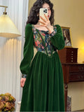 Kylethomasw Vintage France Green Velvet Floral Dress for Women Chic Auricular A-line Party Prom Robe Winter Spring Harajuku Clothes