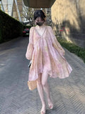 KYLETHOMASW  -  French Floral Spring Summer Style Pink Print Age Reducing Loose Oversized Sweet Temperament Vacation Long Sleeved Dress