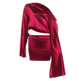 KYLETHOMASW  -  Womens One Shoulder Satin Two Piece Set Cape Sleeve Crop Top and Mini Skirt Set