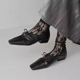 KYLETHOMASW  -  Women Pleated Hollow Mary Jane Style Shoes with Bow Design Flat Shoes Square Toe Casual Comfortable Outdoors Women Shoes Fashion